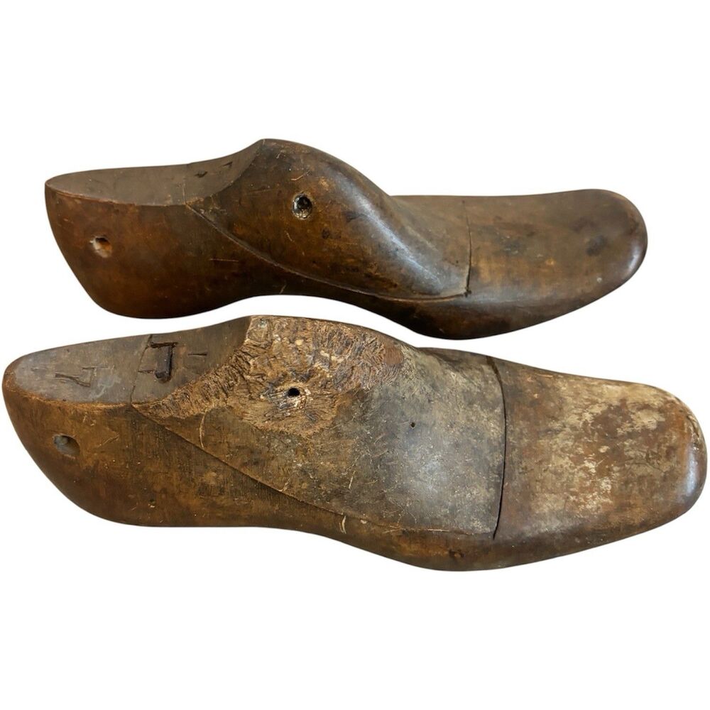⁠Vintage Antique Wooden Shoe Last Molds Cobbler Form Decor Craft Mismatched Pair